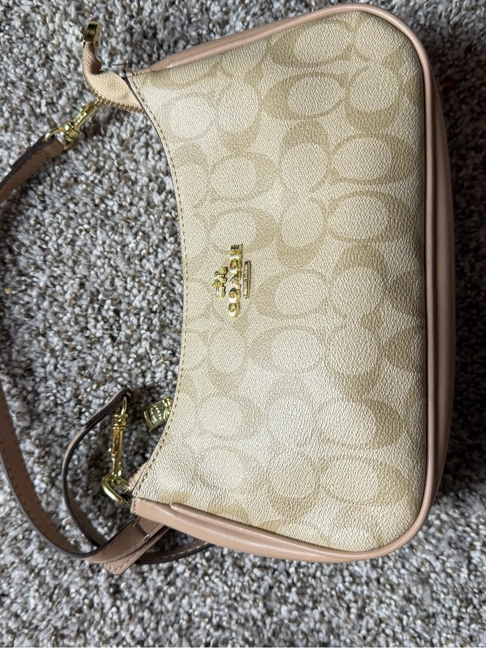 Coach Tan Logo-Print Shoulder Bag with Gold Hardware